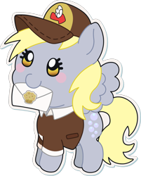 Size: 1609x2000 | Tagged: safe, artist:doctor-g, derpy hooves, pony, blushing, chibi, cute, derpabetes, female, hat, mailmare, mailmare hat, simple background, solo, transparent background, white outline