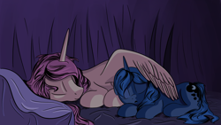 Size: 2400x1350 | Tagged: safe, artist:inkygarden, princess celestia, princess luna, alicorn, pony, cuddling, eyes closed, hug, sisters, sleeping, snuggling, winghug