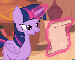 Size: 518x418 | Tagged: safe, derpibooru import, screencap, twilight sparkle, twilight sparkle (alicorn), alicorn, pony, castle mane-ia, female, lidded eyes, magic, mare, paper, scroll, scrunchier face, scrunchy face, solo, telekinesis