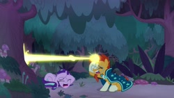 Size: 1920x1080 | Tagged: safe, screencap, starlight glimmer, sunburst, pony, student counsel, blast, everfree forest, forest, magic, magic blast, tree