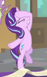 Size: 325x524 | Tagged: safe, screencap, spike, starlight glimmer, dragon, pony, unicorn, the beginning of the end, bipedal, cropped, dramatic pose, eyes closed, female, male, mare, offscreen character, raised leg, solo focus, underhoof, winged spike