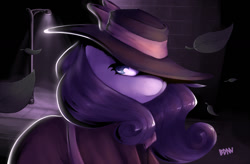 Size: 1300x854 | Tagged: safe, artist:drbdnv, rarity, pony, unicorn, rarity investigates, clothes, detective rarity, female, hat, leaf, mare, solo, streetlight