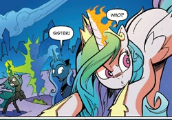 Size: 838x584 | Tagged: safe, artist:andypriceart, idw, princess celestia, princess luna, queen chrysalis, alicorn, changeling, changeling queen, pony, siege of the crystal empire, spoiler:comic, spoiler:comic35, female, fire, mare, official comic, panel, royal sisters, sisters, speech bubble