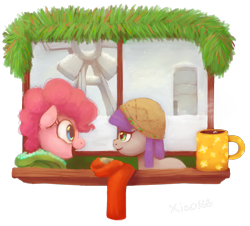 Size: 1360x1230 | Tagged: safe, artist:xiao668, maud pie, pinkie pie, earth pony, pony, clothes, filly, foal, hat, jacket, mug, rock farm, scarf, snow, snowfall, younger