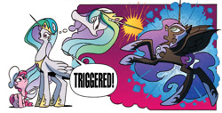 Size: 809x412 | Tagged: safe, artist:jay fosgitt, edit, idw, nightmare moon, pinkie pie, princess celestia, alicorn, earth pony, pony, spoiler:comic, spoiler:comicff22, chef's hat, eye, hat, long neck, open mouth, ptsd, sad, snakelestia, spread wings, swanlestia, thought bubble, triggered, wide eyes