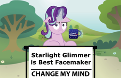 Size: 1024x662 | Tagged: safe, artist:aleximusprime, edit, starlight glimmer, pony, unicorn, marks for effort, :i, bush, change my mind, coffee mug, crossing the memes, exploitable meme, female, floppy ears, flower, glowing horn, horn, i mean i see, levitation, looking at you, magic, mare, meme, mug, multicolored mane, obligatory pony, pink coat, sign, signature, sitting, solo, starlight glimmer is best facemaker, steven crowder, table, telekinesis, text, tree