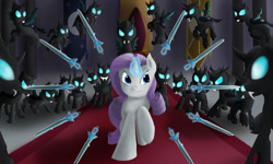 Size: 1024x614 | Tagged: safe, artist:kickassking, rarity, changeling, pony, unicorn, army, canterlot, canterlot castle, fight, magic, throne room
