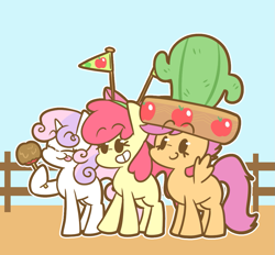 Size: 1039x965 | Tagged: safe, artist:typhwosion, apple bloom, scootaloo, sweetie belle, earth pony, pegasus, pony, unicorn, appleoosa's most wanted, cactus, cactus hat, cutie mark crusaders, female, filly, hat, smiling, spread wings, toffee apple, trio, wings