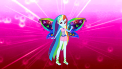 Size: 1280x720 | Tagged: safe, artist:gouhlsrule, artist:yaya54320, derpibooru import, rainbow dash, equestria girls, barefoot, base used, clothes, colored wings, crossover, enchantix, fairy, fairy wings, feet, gloves, long gloves, long hair, multicolored wings, rainbow s.r.l, rainbow wings, winged humanization, wings, winx club