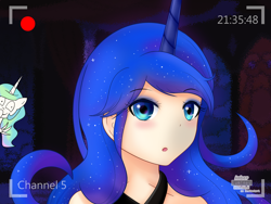 Size: 2000x1500 | Tagged: safe, artist:vanillafox2035, princess celestia, princess luna, human, blushing, clothes, horned humanization, humanized, open mouth, recording, signature, solo, trollestia, webcam