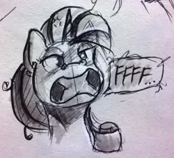 Size: 1286x1169 | Tagged: safe, artist:post-it, rarity, pony, unicorn, angry, colored sketch, monochrome, sketch, solo, traditional art