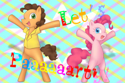 Size: 900x600 | Tagged: safe, artist:kona1025, cheese sandwich, pinkie pie, earth pony, pony, female, male, mare, pixiv, stallion