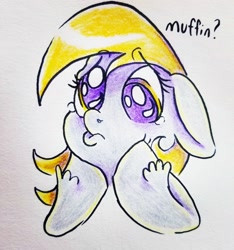 Size: 3024x3229 | Tagged: safe, artist:smirk, derpy hooves, pony, colored pencil drawing, colored pupils, cute, female, muffin, pouting, teary eyes, traditional art