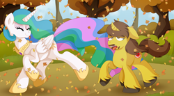 Size: 2100x1157 | Tagged: safe, artist:pearlyiridescence, princess celestia, oc, oc:jsonus heartguard, alicorn, pony, unicorn, autumn, celesonus, leaves, panting, racing, running, running of the leaves, tongue out, tree