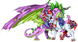 Size: 7287x4000 | Tagged: safe, artist:dimidiummorsumbra, rarity, spike, dragon, pony, unicorn, fire ruby, gem, older, possessed, shipping, sparity, straight, torn wings, winged spike