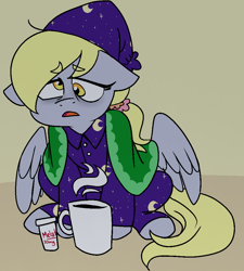 Size: 902x1004 | Tagged: safe, artist:/d/non, derpy hooves, pegasus, pony, clothes, female, melatonin, open mouth, pajamas, sad, solo, tired