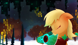 Size: 4404x2564 | Tagged: safe, artist:repoisn, applejack, earth pony, pony, clothes, crossover, eyes closed, floppy ears, loose hair, solo, sword, transistor, tree