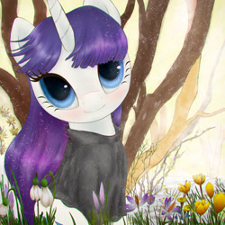 Size: 3000x3000 | Tagged: safe, artist:plotcore, rarity, pony, unicorn, clothes, cute, flower, raribetes, shirt, sitting, smiling, solo, spring, tree