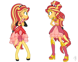 Size: 1600x1278 | Tagged: safe, artist:ilaria122, part of a set, sunset shimmer, better together, equestria girls, forgotten friendship, rollercoaster of friendship, alternate hairstyle, alternate universe, boots, clothes, comparison, duality, evening gloves, geode of empathy, gloves, guardian, guardians of harmony, high heel boots, jewelry, long gloves, ponied up, self paradox, shoes, simple background, spiked headband, super ponied up, tiara, transparent background, vector