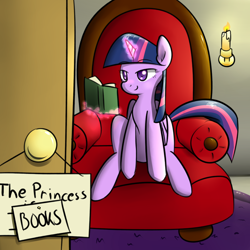 Size: 3000x3000 | Tagged: safe, artist:malwinters, derpibooru import, twilight sparkle, twilight sparkle (alicorn), alicorn, pony, blushing, book, chair, female, magic, mare, reading, sign, sitting, smiling, solo, telekinesis