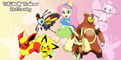 Size: 800x400 | Tagged: safe, artist:lightdegel, fluttershy, equestria girls, beautifly, flareon, lopunny, mew, pichu, pikachu-colored pichu, pokémon, pokémon team, ursaring