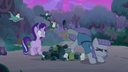 Size: 1920x1080 | Tagged: safe, screencap, maud pie, starlight glimmer, cockatrice, pony, student counsel, bucking, rock