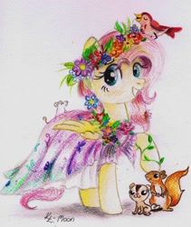 Size: 1024x1211 | Tagged: safe, artist:moonlight-ki, fluttershy, bird, mouse, pegasus, pony, squirrel, animal, clothes, color porn, dress, female, floral head wreath, flower, flower necklace, folded wings, looking at you, mare, raised hoof, smiling, solo, traditional art, wings