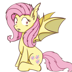 Size: 700x700 | Tagged: safe, artist:mmarceline, fluttershy, fangs, flutterbat, simple background, sitting, solo, spread wings