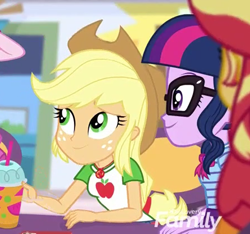 Size: 446x417 | Tagged: safe, screencap, applejack, sci-twi, sunset shimmer, twilight sparkle, better together, equestria girls, canterlot mall, cropped, drink, female, geode of super strength, geode of telekinesis, glasses, smiling