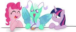 Size: 1574x668 | Tagged: artist needed, safe, derpibooru import, pinkie pie, twilight sparkle, oc, earth pony, mothpony, original species, pony, cupcake, drink, happy, moth pony general, smiling, table, tentacle tongue, tongue out