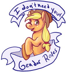 Size: 823x900 | Tagged: safe, artist:asofterbucky, applejack, earth pony, pony, feminist ponies, mouthpiece, old banner, solo, subversive kawaii