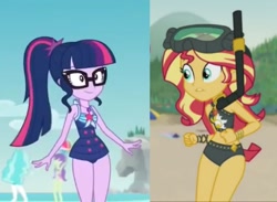 Size: 2048x1498 | Tagged: safe, sci-twi, sunset shimmer, twilight sparkle, better together, equestria girls, unsolved selfie mysteries, clothes, female, hips, midriff, swimsuit