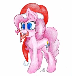 Size: 1024x1074 | Tagged: safe, artist:cyanyeh, pinkie pie, earth pony, pony, candy cane, hat, santa hat, solo, tongue out, traditional art