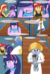 Size: 1280x1920 | Tagged: safe, artist:jase1505, artist:verumtee, sci-twi, smarty pants, sunset shimmer, twilight sparkle, oc, oc:stargazer lily, comic:confessions, series:sunlight horizons, equestria girls, clothes, comic, coughing, crying, female, lesbian, offspring, pajamas, parent:night light, parent:pear butter, parents:pearlight, scitwishimmer, shipping, sick, sunsetsparkle, surprised, worried