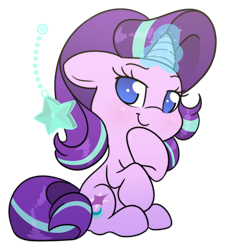 Size: 1536x1710 | Tagged: safe, artist:fluffyxai, starlight glimmer, pony, unicorn, starlight the hypnotist, spoiler:interseason shorts, chibi, cute, female, floppy ears, glimmerbetes, jewelry, magic, mare, no pupils, pendant, raised hoof, simple background, sitting, solo, transparent background