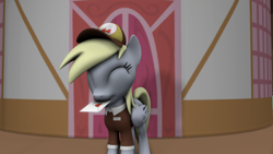 Size: 1280x720 | Tagged: safe, artist:dracagon, derpy hooves, pony, 3d, cap, clothes, hat, letter, mouth hold, shirt, solo