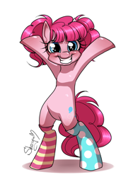 Size: 1200x1600 | Tagged: safe, artist:nyako-shoyu, pinkie pie, earth pony, pony, alternate hairstyle, bipedal, clothes, looking at you, smiling, socks, solo, striped socks