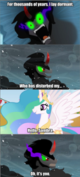 Size: 640x1403 | Tagged: safe, screencap, king sombra, princess celestia, alicorn, pony, unicorn, dragonball z abridged, image macro, meme, vegeta