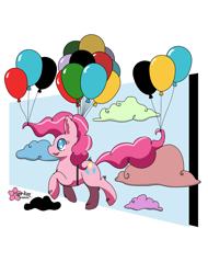 Size: 1000x1313 | Tagged: safe, artist:clouddg, pinkie pie, earth pony, pony, balloon, solo, then watch her balloons lift her up to the sky