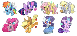 Size: 7530x3500 | Tagged: safe, artist:fluffyxai, applejack, derpy hooves, fluttershy, owlowiscious, pinkie pie, rainbow dash, rarity, starlight glimmer, twilight sparkle, twilight sparkle (alicorn), alicorn, butterfly, earth pony, pegasus, pony, unicorn, apple, book, bubble, chibi, clothes, cloud, cupcake, dress, featured image, female, flying, food, glasses, jewelry, magic, mane six, mare, muffin, music notes, pendant, rarity's glasses, sewing, simple background, singing, smiling, sticker set, transparent background