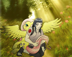 Size: 1727x1369 | Tagged: safe, artist:decadent-orochimaru, artist:orochimartyr, fluttershy, pegasus, pony, crepuscular rays, crossover, hyuuga hinata, naruto