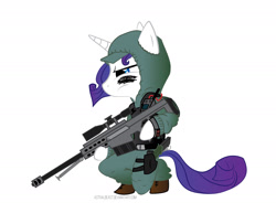 Size: 1650x1275 | Tagged: safe, artist:astralbeast, rarity, pony, semi-anthro, unicorn, female, gun, hooves, horn, m107, mare, optical sight, rifle, simple background, sniper, sniper rifle, solo, weapon, white background