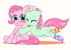 Size: 1052x744 | Tagged: safe, artist:monon0, minty, pinkie pie, earth pony, pony, g3, blushing, clothes, cute, diapinkes, g3 to g4, generation leap, hug, mintabetes, mintypie, pixiv, shipping, socks