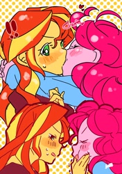 Size: 1440x2048 | Tagged: safe, artist:ku_rimo, pinkie pie, sunset shimmer, human, equestria girls, blushing, eyes closed, female, kissing, lesbian, shipping, sunsetpie