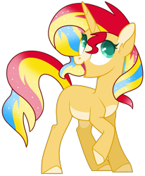 Size: 1372x1664 | Tagged: safe, artist:leanne264, sunset shimmer, pony, alternate design, blaze (coat marking), ethereal mane, female, mare, missing cutie mark, open mouth, pale belly, rainbow power, raised hoof, redesign, simple background, solo, starry mane, transparent background