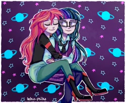 Size: 1152x936 | Tagged: safe, artist:lelka-philka, sci-twi, sunset shimmer, twilight sparkle, equestria girls, clothes, crystal prep academy uniform, eyes closed, female, glasses, jacket, leather jacket, lesbian, school uniform, scitwishimmer, shipping, sunsetsparkle