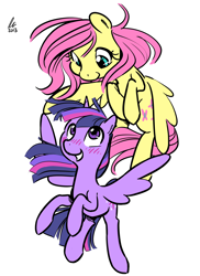 Size: 1200x1650 | Tagged: safe, artist:rwl, derpibooru import, fluttershy, twilight sparkle, twilight sparkle (alicorn), alicorn, pegasus, pony, female, mare, shipping, twishy