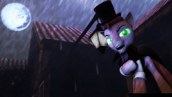 Size: 3836x2159 | Tagged: safe, artist:mollythemoopy, artist:shadowbolt97, bubble berry, pinkie pie, earth pony, pony, 3d, cape, clothes, dr jekyll and mr hyde, evil grin, glowing eyes, hat, rain, rule 63, source filmmaker, top hat, victorian