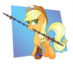 Size: 900x825 | Tagged: safe, artist:1rumi1, applejack, earth pony, pony, crossover, gauntlet, jacques blanc, mouth hold, onimusha, solo, spear, weapon