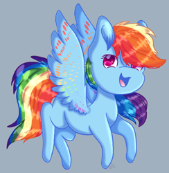 Size: 678x694 | Tagged: safe, artist:iris-swirl, derpibooru import, rainbow dash, pegasus, pony, chibi, colored wings, missing cutie mark, multicolored wings, simple background, solo